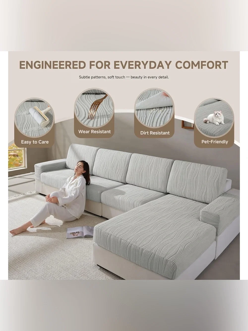 Soft Wavy Gray Sofa Slipcover, Elastic Slip Resistant for Sectional Chaise